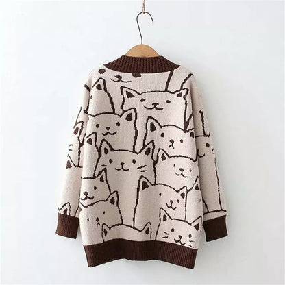 Cat Print V Neck Sweater