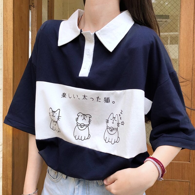 Cute Cat Dog Animal Print College Loose Baggy Short Sleeve Shirt T-shirt Top Summer Casual E-Girl Kawaii Korean Japanese Harajuku Streetwear