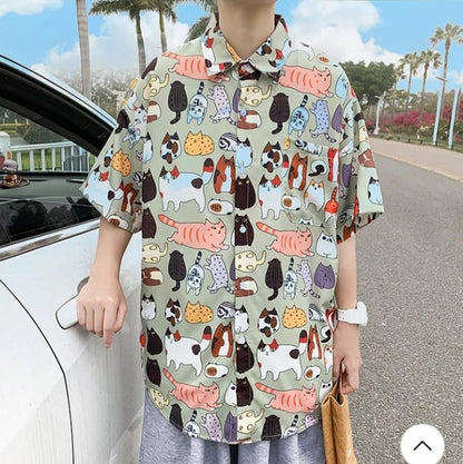 Cute Vintage Unisex Cat Cartoon Print Loose Short Sleeve Shirt Button Up Aesthetic Casual Summer E-Girl Kawaii Korean Japanese Harajuku
