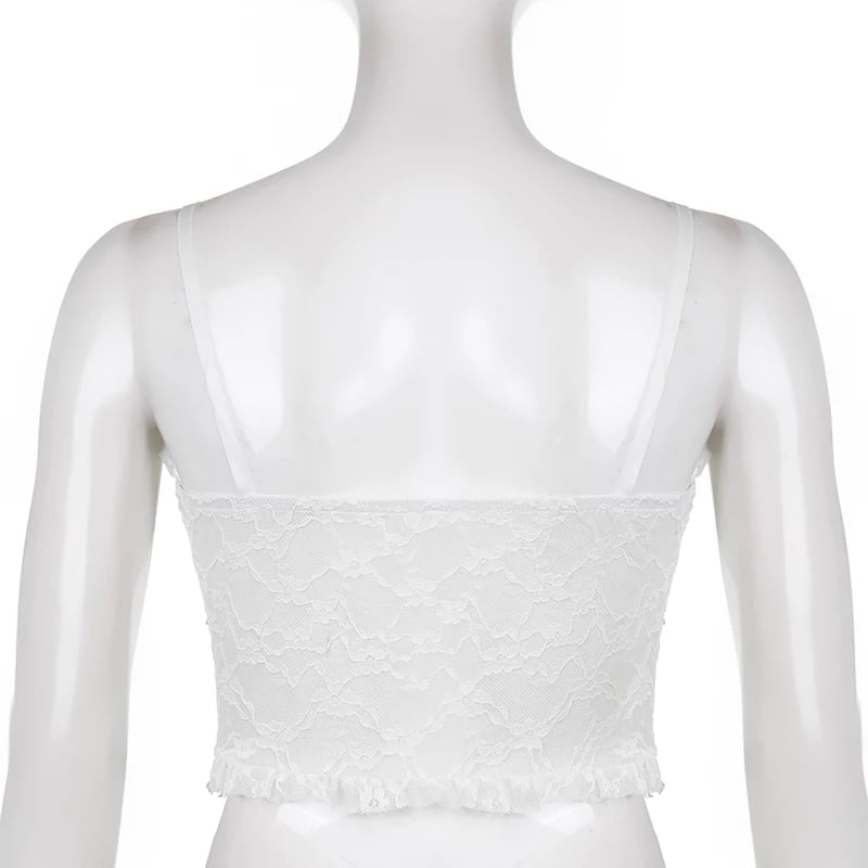 Cute Lace Mesh Patchwork Transparent Corset Camisole Ruffle Crop Top Sleeveless Shirt Summer Aesthetic Casual E-Girl Kawaii Korean Japanese Harajuku