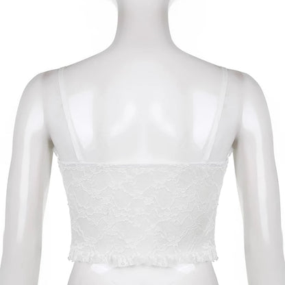 Cute Lace Mesh Patchwork Transparent Corset Camisole Ruffle Crop Top Sleeveless Shirt Summer Aesthetic Casual E-Girl Kawaii Korean Japanese Harajuku