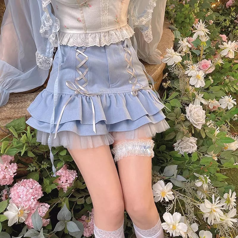 Cute Sexy Blue Lace Ribbon Bow High Waisted Mini Skirt Aesthetic Summer E-Girl Kawaii Korean Japanese Harajuku