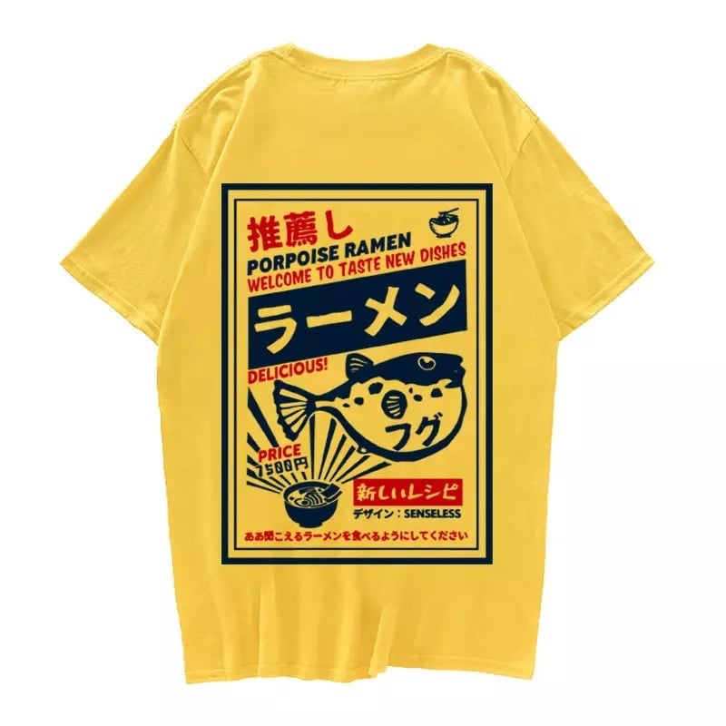 Puffer Fish Ramen Sushi Graphic Cartoon Print Loose Oversized Short Sleeve T-shirt Top Summer Causal E-Girl Kawaii Korean Japanese Harajuku Streetwear