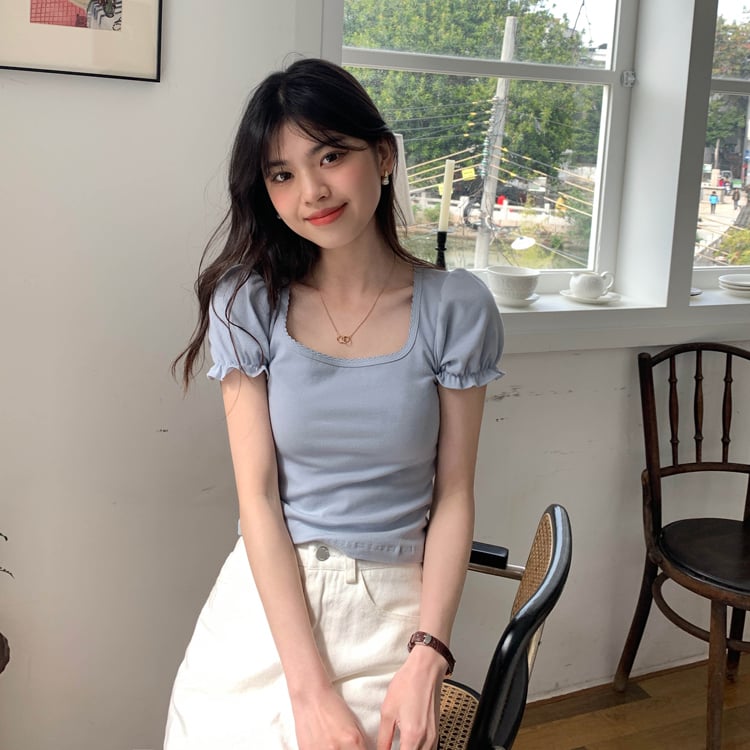 Blue Puff Sleeve Square Collar Top