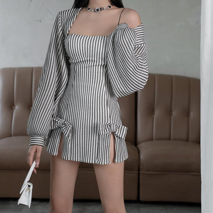 2PCS Vertical Stripe Slip Dress + Jacket