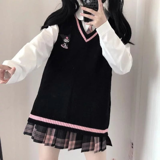 Cute Anime Cartoon Print Knit Vest Sweater Crop Top V Neck Sleeveless Shirt Aesthetic Casual Summer E-Girl Kawaii Korean Japanese Harajuku