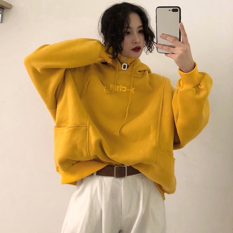Cute Yellow Chill Letter Embroidery Causal Oversized Hoodie Sweater Sweatshirt Long Sleeve Pullover E-Girl Kawaii Korean Japanese Harajuku Streetwear