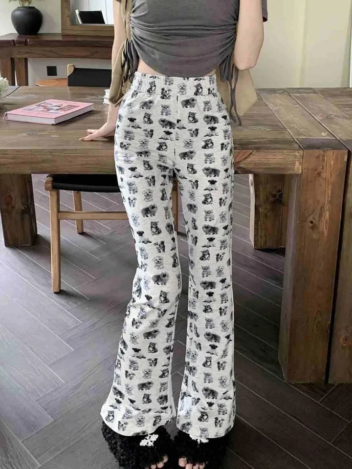 Puppy & Kitten Print Flare Trousers