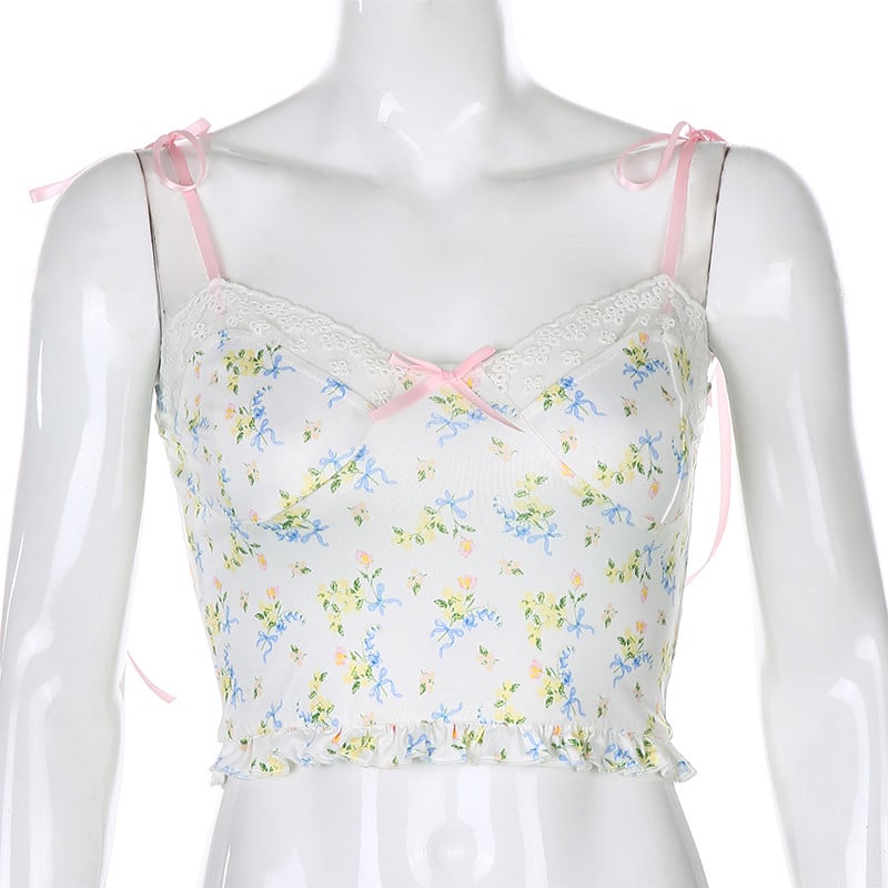 Lace Frill Floral Print Crop Top Summer Sleeveless Camisole Causal E-Girl Kawaii Korean Japanese Harajuku Streetwear