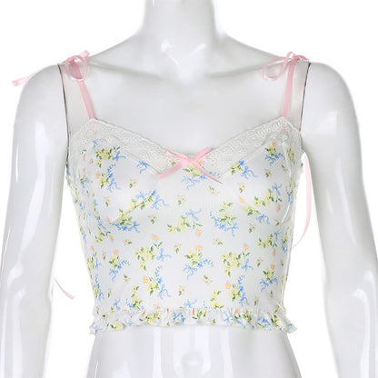 Lace Frill Floral Print Crop Top Summer Sleeveless Camisole Causal E-Girl Kawaii Korean Japanese Harajuku Streetwear