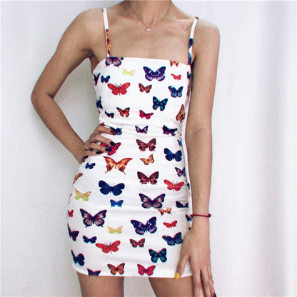 Cute Colorful Rainbow Butterfly Spaghetti Strap Bodycon Mini Dress Party E-Girl Kawaii Korean Japanese Harajuku Chinese Retro Streetwear Aesthetic