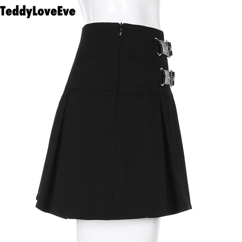 Cute Goth Dark Grunge Punk Pleated High Waisted Rivet Patchwork Mini Skirt Bottoms E-Girl Kawaii Korean Japanese Harajuku Streetwear