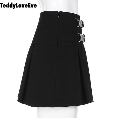 Cute Goth Dark Grunge Punk Pleated High Waisted Rivet Patchwork Mini Skirt Bottoms E-Girl Kawaii Korean Japanese Harajuku Streetwear