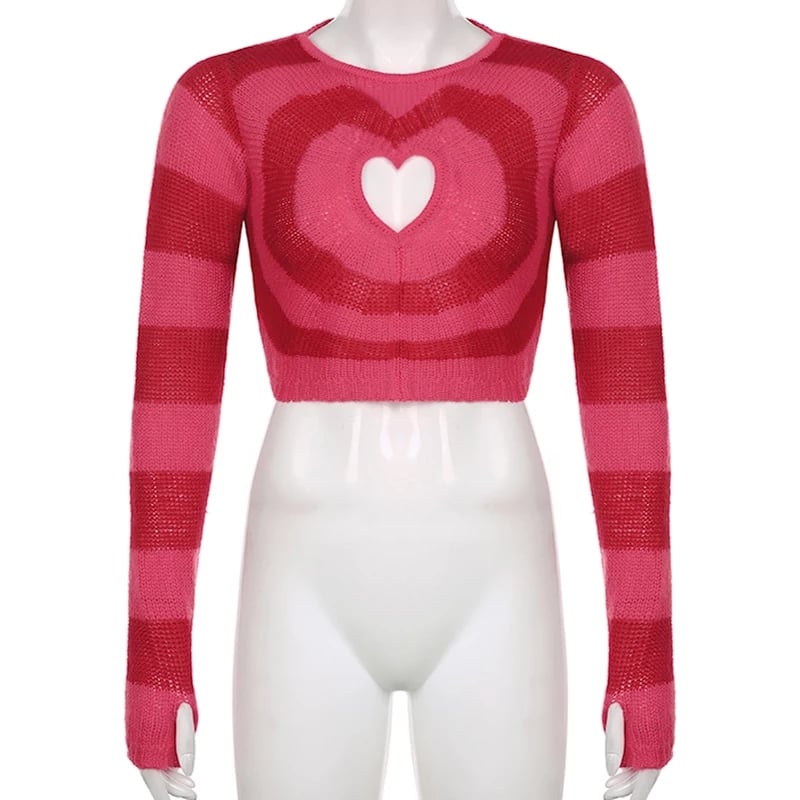 Cute Pink Heart Shape Hollow Out Long Sleeve O-neck Sweater Knit Pullover Aesthetic Casual E-Girl Kawaii Korean Japanese Harajuku