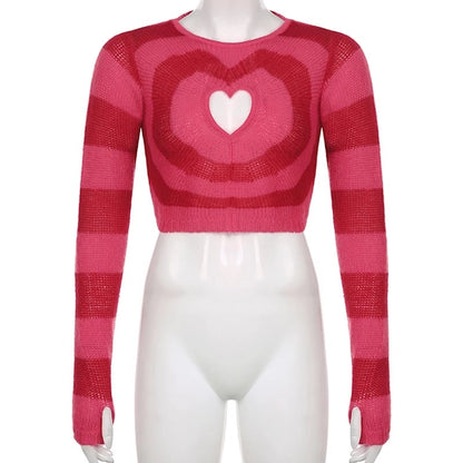 Cute Pink Heart Shape Hollow Out Long Sleeve O-neck Sweater Knit Pullover Aesthetic Casual E-Girl Kawaii Korean Japanese Harajuku
