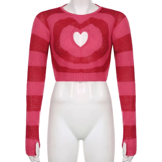 Cute Pink Heart Shape Hollow Out Long Sleeve O-neck Sweater Knit Pullover Aesthetic Casual E-Girl Kawaii Korean Japanese Harajuku