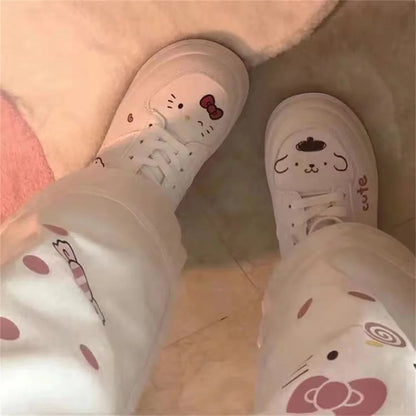 Cute White Kitty Cat Cartoon Print High Waisted Straight Pants Trousers Aesthetic Casual Summer E-Girl Kawaii Korean Japanese Harajuku