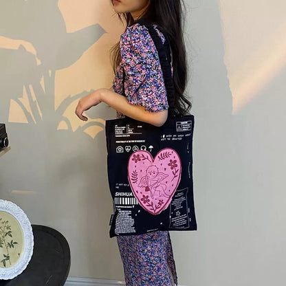 Cute Cupid Angel Love Heart Print Canvas Tote Shoulder ECO Bag 90s Retro Vintage Aesthetic Casual Summer E-Girl Kawaii Korean Japanese Harajuku