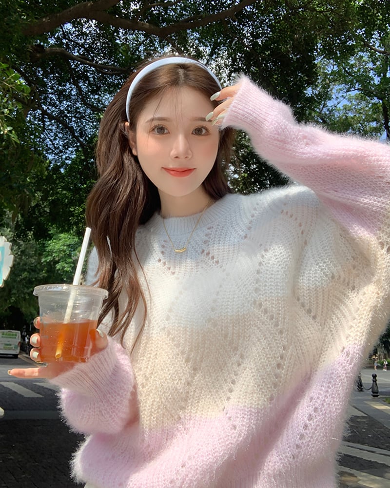Pink Ombre Hollow Out Sweater