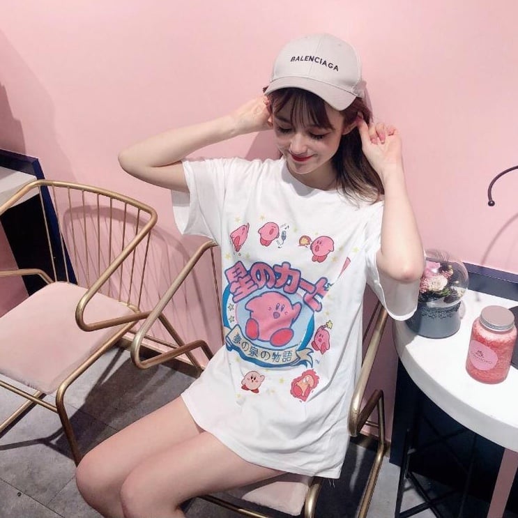 Pastel Pink Japanese Anime Graphic Cartoon Print Loose Short Sleeve T-shirt