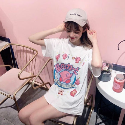 Pastel Pink Japanese Anime Graphic Cartoon Print Loose Short Sleeve T-shirt