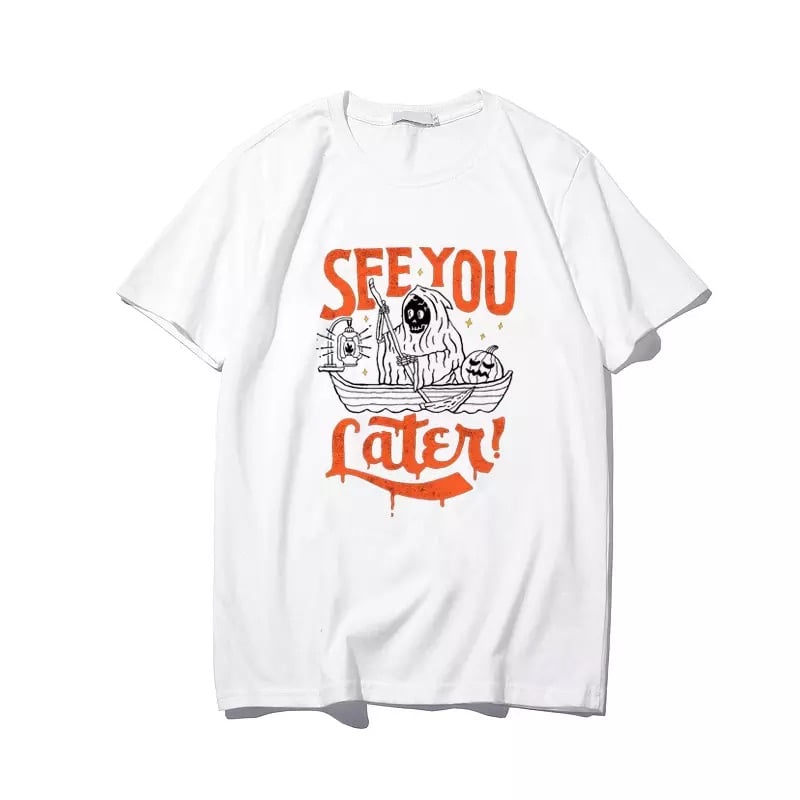 Cute Grim Reaper Death Cartoon Print Goth Short Sleeve Shirt Tee T-shirt E-Girl Kawaii Korean Japanese Harajuku Chinese Retro Streetwear Aesthetic