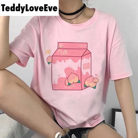 Cute Pink Peach Milk Carton Pastel Print Short Sleeve Shirt Tee T-shirt E-Girl Kawaii Korean Japanese Harajuku Retro Streetwear Aesthetic