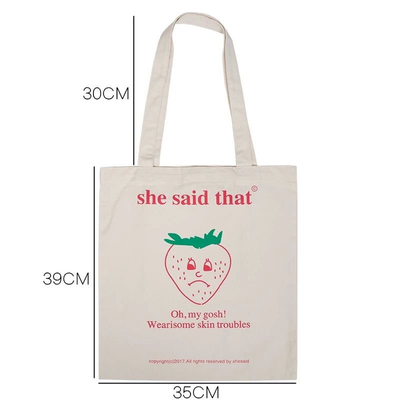 Cute Strawberry Cherry Print Canvas Tote Bag Eco Shopping Shoulder Bag Aesthetic Casual Summer E-Girl Kawaii Korean Japanese Harajuku