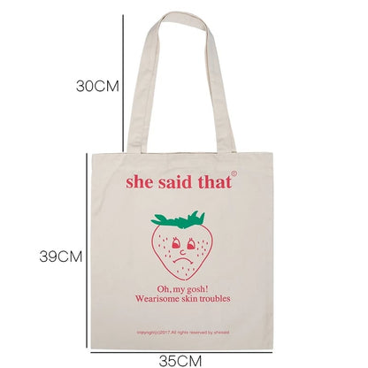 Cute Strawberry Cherry Print Canvas Tote Bag Eco Shopping Shoulder Bag Aesthetic Casual Summer E-Girl Kawaii Korean Japanese Harajuku