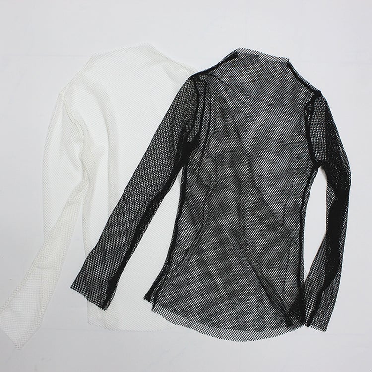 Cute Sexy Transparent Fishnet Mesh Lace Top Long Sleeve Shirt Tee T-shirt E-Girl Kawaii Korean Japanese Harajuku Chinese Retro Streetwear Aesthetic