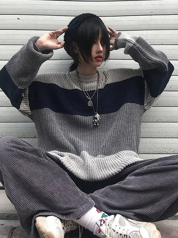 Grey Stripe Patchwork Sweater