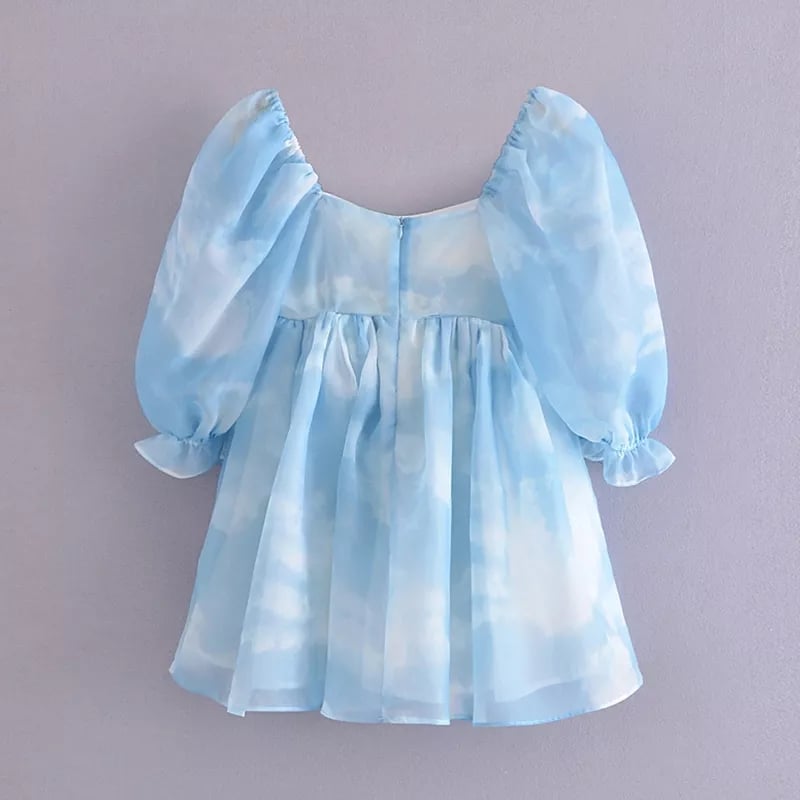 Cute Sexy Blue Cloud Sky Princess Square Neck Puff Sleeve Mini Party Dress Summer Aesthetic E-Girl Kawaii Korean Japanese Harajuku