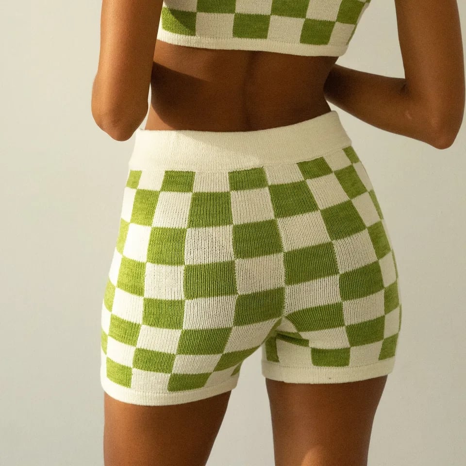 2PCS Green Checkered Knit Crop Top + Shorts