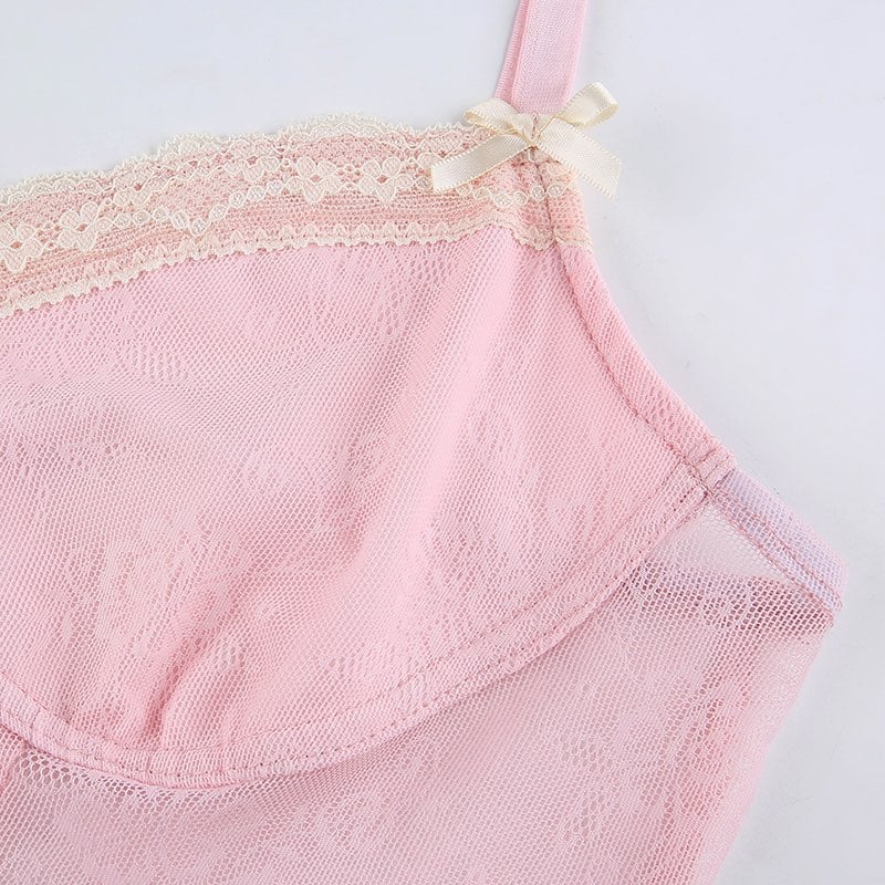 Cute Sexy Pink Sweet Lace Trim Bow Crop Top V Neck Transparent Sleeveless Shirt Summer Party E-Girl Kawaii Korean Japanese Harajuku Streetwear