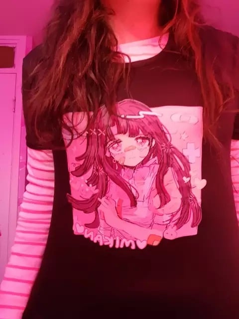 Cute Sweet Vintage Black Anime Girl Cartoon Print Short Sleeve Shirt Oversize Loose T-shirt Top Goth E-Girl Kawaii Korean Japanese Harajuku Streetwear