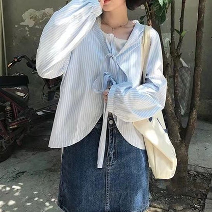 Blue Striped Bandage Long Sleeve Blouse