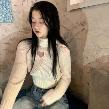Heart Hollow Out Cropped Turtleneck Sweater