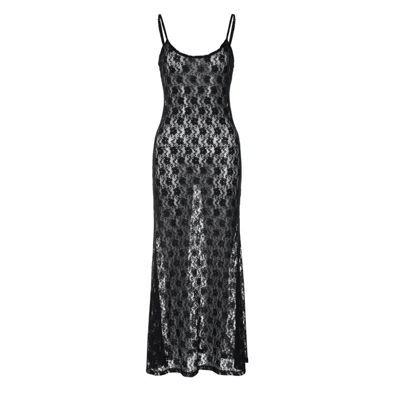 Black Floral Mesh Lace Backless Slip Dress