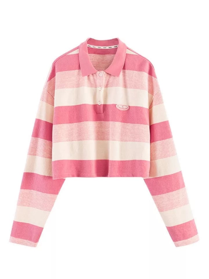 Pink Striped Oversized Preppy Long Sleeve T-shirt