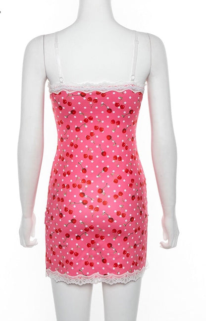 Cute Pink Cherry Lace Up Bodycon Mini Dress Fashion Party Print E-Girl Kawaii Korean Japanese Harajuku Retro Streetwear