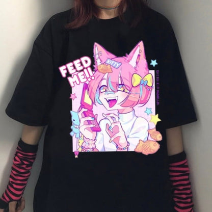 Cute Pastel Sweet Fox Anime Girl Cartoon Print Short Sleeve T-shirt Loose Punk Aesthetic Casual Summer E-Girl Kawaii Korean Japanese Harajuku