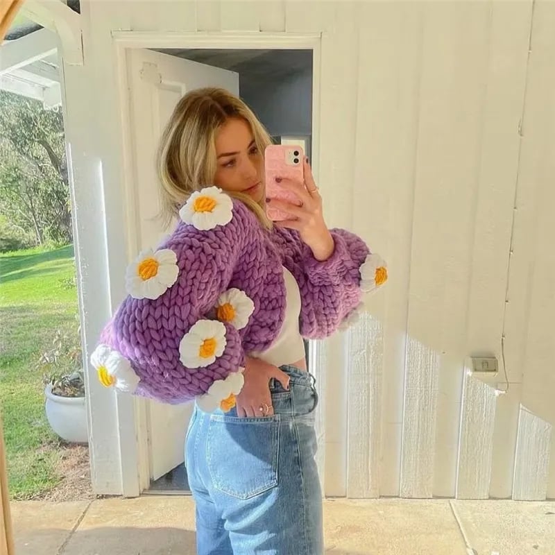 3D Flower Crochet Knit Cardigan
