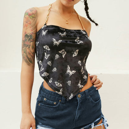 Cute Sexy Butterfly Chain Velvet Halter Tank Cami Crop Top Shirt Tee T-shirt E-Girl Kawaii Korean Japanese Harajuku Chinese Retro Streetwear Aesthetic