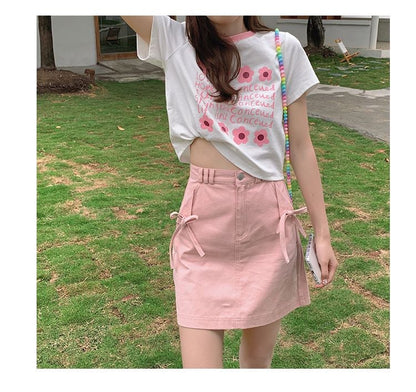 Pink Bow Denim Mini Skirt