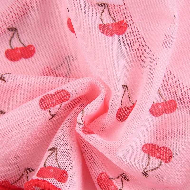 Cute Sweet 90S Pink Cherry Print V Neck Crop Top Sleeveless Shirt Camisole Party Club Summer Casual E-Girl Kawaii Korean Japanese Harajuku Streetwear