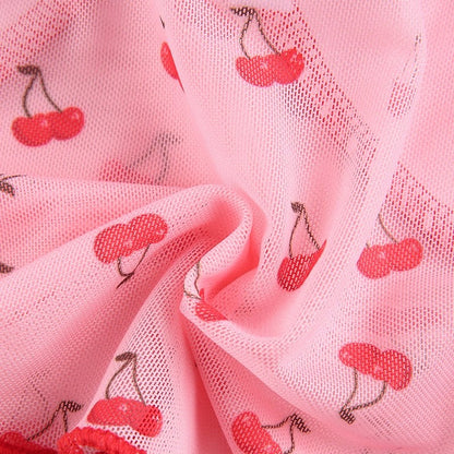 Cute Sweet 90S Pink Cherry Print V Neck Crop Top Sleeveless Shirt Camisole Party Club Summer Casual E-Girl Kawaii Korean Japanese Harajuku Streetwear