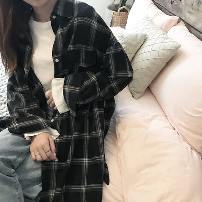 Cute Casual Plaid Flannel Loose Oversized Long Sleeve Shirt Top Boyfriend Baggy E-Girl Kawaii Korean Japanese Harajuku Retro Streetwear