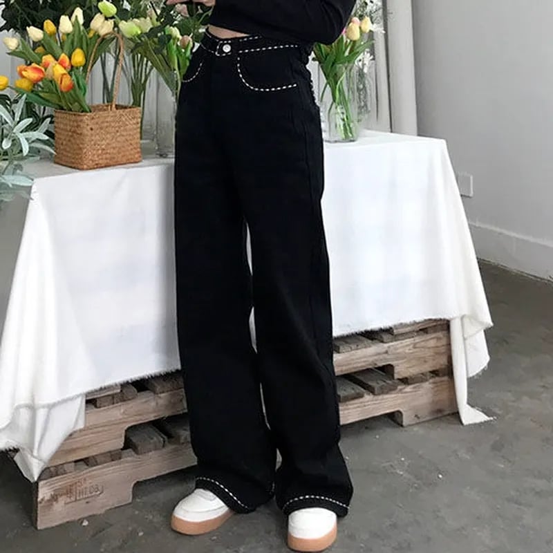 Floral Embroidery Black Cotton Pants