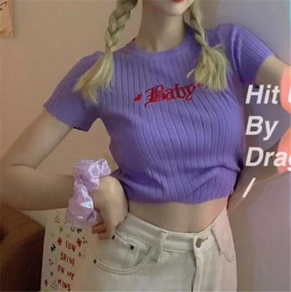 Pastel Pink Baby Embroidery Knit Short Sleeve Shirt Top T-shirt Summer Casual E-Girl Kawaii Korean Japanese Harajuku Streetwear