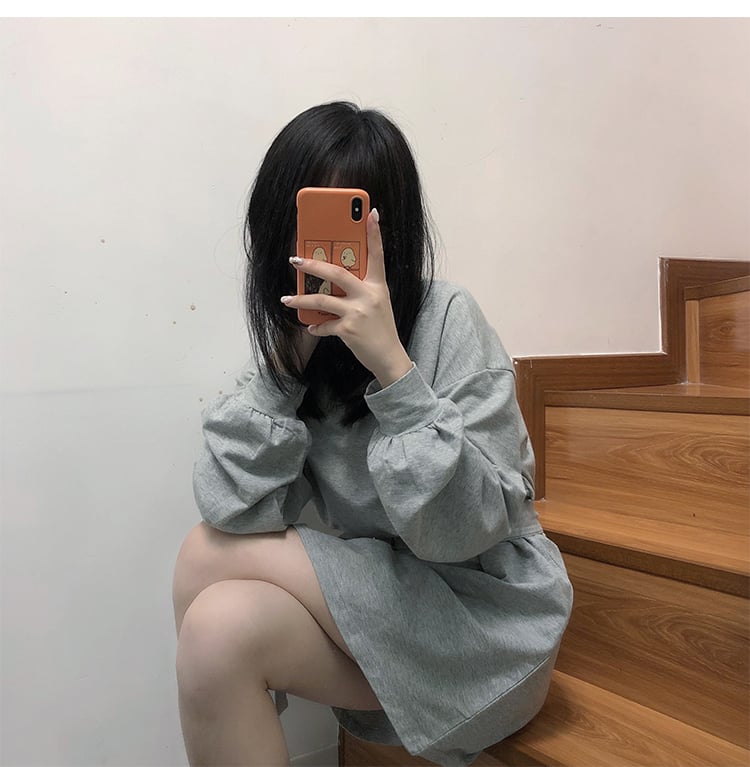 Cute Solid Color Long Sleeve T-shirt Shirt Dress With Belt Loose Oversized Woman Spring Autumn E-Girl Kawaii Korean Japanese Harajuku Retro Streetwear